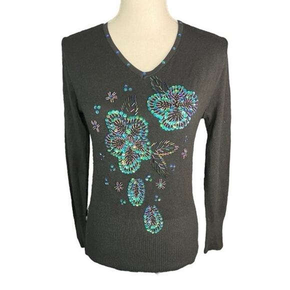 Vintage black sequin floral sweater mermaid core retro 80's retro glam - Picture 1 of 6